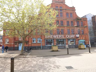 A large red brick building with blue windows and doors with a tree and bicycles outside at Brewers Quay Harbour