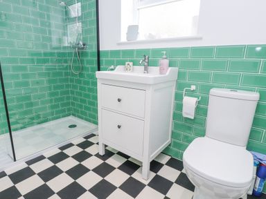 A bathroom with a shower, sink cabinet, toilet, green tiled walls, and black and white checkered floor at 3 Glyn Y Mor in Llanbedrog