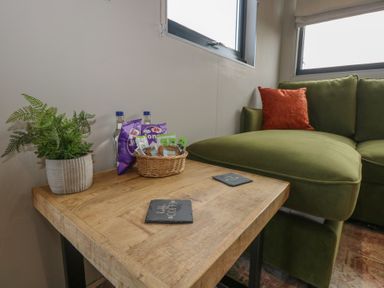 A wooden table with a plant snacks and coasters next to a green sofa with an orange pillow at Caban in Dothan near Gwalchmai