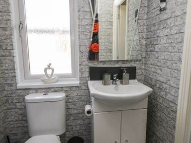 A bathroom with a white toilet and sink with a mirror above at Gressingham View Lodge in Dock Acres near Carnforth