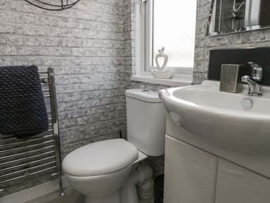 A bathroom with a toilet a sink a window and a towel rack at Gressingham View Lodge Dock Acres near Carnforth