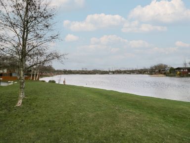 A lakeside view with grassy shore and trees near wooden cabins at Gressingham View Lodge in Dock Acres near Carnforth