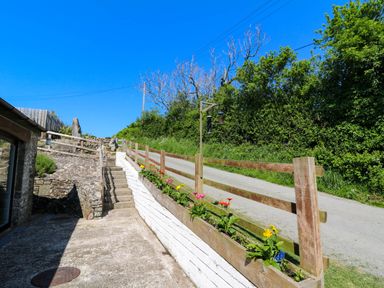An outdoor area with stone steps leading up a hill wooden railings flower planters and a path surrounded by green trees at Cove Cottage in Llangrannog