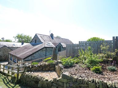 A stone house with a slate roof next to a wooden fence and a garden with plants and a stone wall at Cove Cottage in Llangrannog