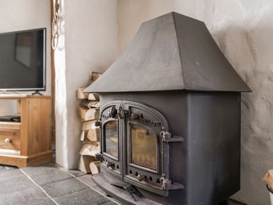 A living room with a stove and television at Cove Cottage in Llangrannog