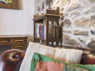 A living room with a bookcase and desk at Coach House in Llangrannog