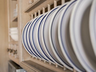 A shelf with plates arranged at Coach House Llangrannog