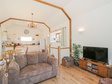 An open living room and kitchen with a brown sofa wooden dining table flowers on the table tv on wooden cabinet and wooden beams at Newlands Barn in Wellington