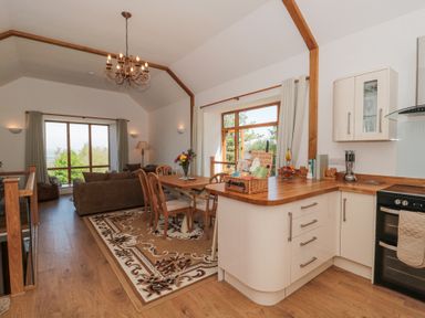 An open plan kitchen and dining area with wooden furniture and large windows at Newlands Barn in Wellington