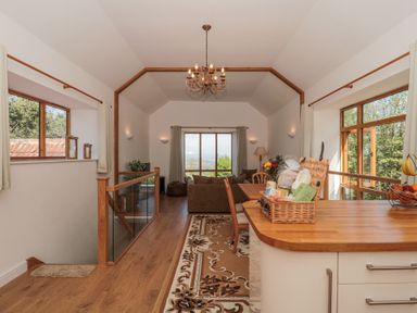 An open living area with wooden flooring and furniture including a dining table and chairs a sofa and a window with curtains at Newlands Barn in Wellington