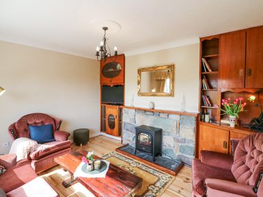 A living room with upholstered armchairs a wooden coffee table a stone fireplace with an electric stove and built in wooden shelves at Teach Ards Kilgarvan County Kerry