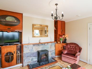 A living room with a stone fireplace a black stove a red upholstered armchair wooden cabinets and a gold framed mirror at Teach Ards Kilgarvan County Kerry