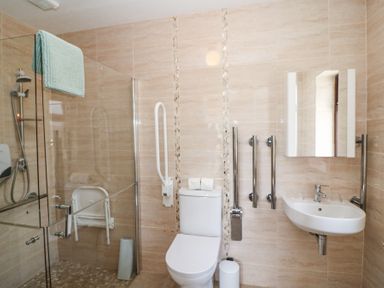 A bathroom with a toilet sink shower area and grab bars at Teach Ards in Kilgarvan County Kerry