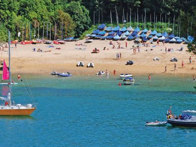 A beach with people, small boats along the shore, sailboats with blue covers, and trees behind the beach at Joymead in Malborough