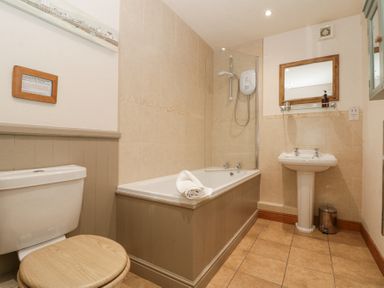 A bathroom with a toilet a bathtub with shower and a pedestal sink at Beaver Cottage in Little Thirkleby near Thirsk