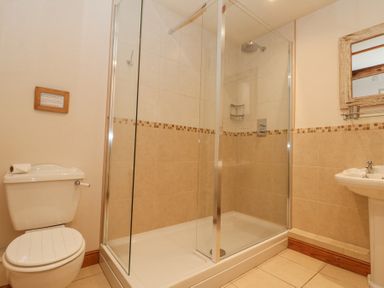 A bathroom with a toilet a glass shower enclosure and a sink at Beaver Cottage in Little Thirkleby near Thirsk
