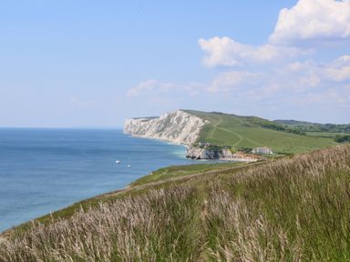 A coastal landscape with white cliffs green hills and boats on the water at Cape A9 in Norton Near Freshwater