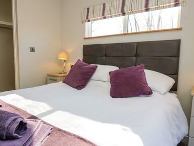 A bedroom with a double bed with purple cushions and a bedside table with a lamp at Coniston View Lodge in Warton near Carnforth