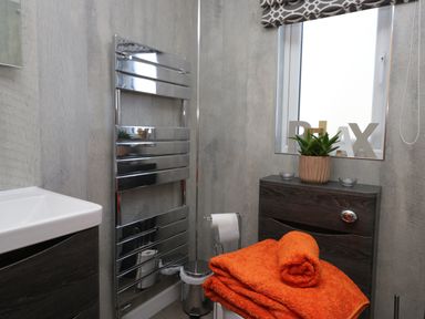 A bathroom with a sink, chrome heated towel rail, orange towels, toilet paper holder, plant on a cabinet, and window with patterned blind at Coniston View Lodge in Warton near Carnforth
