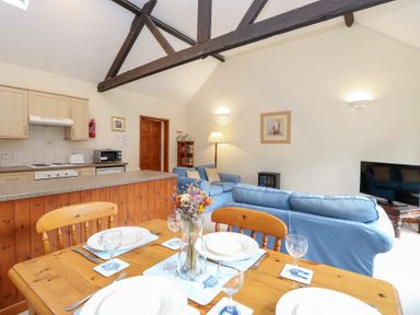 A living room with a dining table and kitchen area at Holly Berry Wood Norton near Foulsham