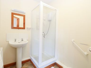 A bathroom with a shower, sink, and mirror at Holly Berry in Wood Norton near Foulsham
