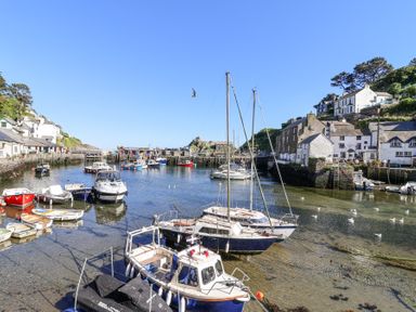 A harbor with boats and houses on hillside at Harbour View in Polperro