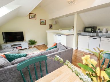 A living area with a grey sofa green chairs a TV on a white cabinet and a kitchen with white cabinets at Cuddfan at Swallow Cottage Rhydtalog near Coedpoeth