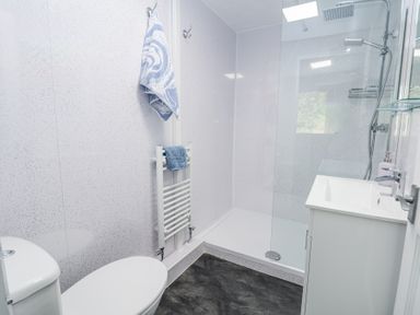 A bathroom with a toilet, towel rack, walk-in shower, and sink at Cuddfan at Swallow Cottage in Rhydtalog near Coedpoeth