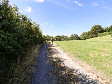 A person walking a dog on a path in a field at Dolcoed Manordeilo near Llangadog