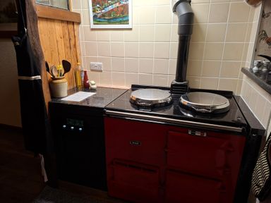A kitchen with an AGA cooker and utensils at Dolcoed in Llandeilo