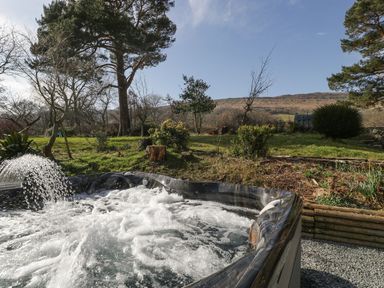 An outdoor hot tub with water jets in a garden with trees and hills in the background at White Haywood Farmhouse & Barn in Craswall