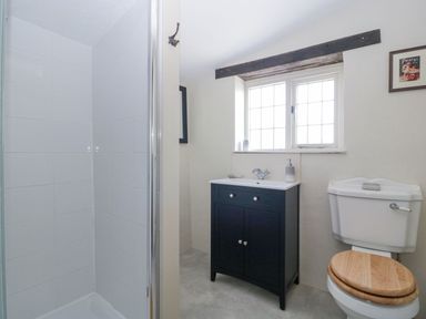 A bathroom with a shower, sink cabinet, and toilet at White Haywood Farmhouse & Barn in Craswall