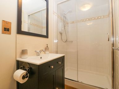 A bathroom with a sink and mirror next to a glass shower enclosure at White Haywood Farmhouse & Barn in Craswall