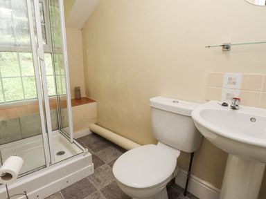 A bathroom with a shower, toilet, and sink at Sygun Cottage Nant Gwynant