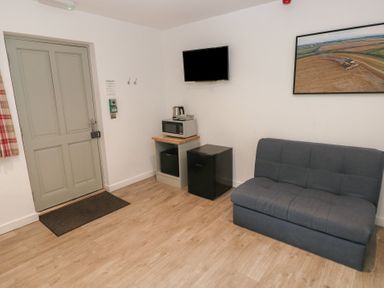 A room with a grey door a small microwave stand a black mini fridge a wall-mounted TV a grey couch and framed wall art at Sycamore in Cowbridge