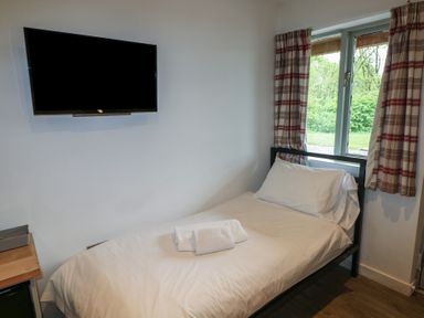 A bedroom with a single bed next to a window and a wall mounted television at Beech in Cowbridge