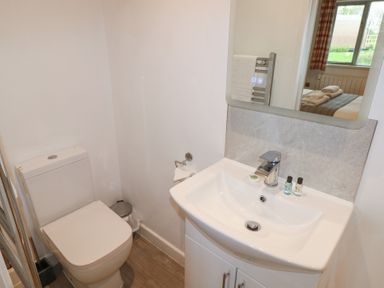 A bathroom with a toilet and a sink with toiletries and a mirror reflecting a bed and window at Chestnut in Cowbridge