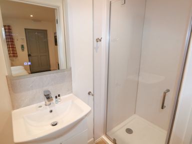 A bathroom with a sink and a mirror next to a shower enclosure with a glass door at Chestnut in Cowbridge