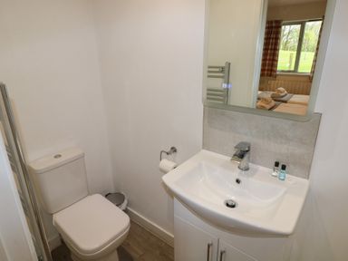 A bathroom with a toilet, a sink with toiletries, and a mirror reflecting a bedroom with a window at Oak in Cowbridge