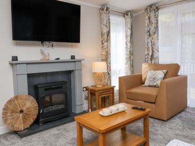 A living room with a brown armchair a wooden coffee table a grey fireplace and a wall-mounted tv at 16 Manleigh Park in Combe Martin