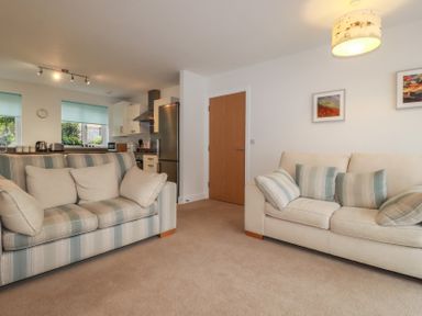 A living room with two sofas and a kitchen area visible at 13 Clock Tower Court in Charlestown