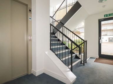 An interior stairwell with blue carpeted stairs black handrails an elevator and a glass door leading outside at 13 Clock Tower Court in Charlestown