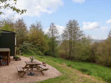 An outdoor area with a wooden picnic table and flowers by a green hut and grassy trees at Oak Shepherd Hut in Monkton Wyld near Charmouth