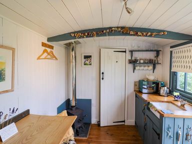 A small kitchen with wood stove and wooden table at Oak Shepherd Hut in Monkton Wyld near Charmouth