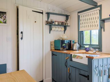 A kitchen corner with a sink microwave mugs hanging and utensils at Oak Shepherd Hut in Monkton Wyld near Charmouth