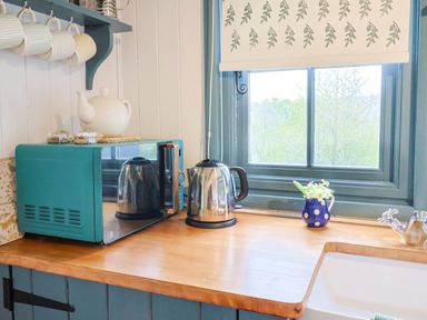 A kitchen countertop with a microwave kettle white teapot blue polka dot vase with flowers and a window at Oak Shepherd Hut in Monkton Wyld near Charmouth