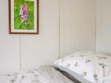 A bed with floral patterned pillows and a framed flower picture on a wooden panel wall at Oak Shepherd Hut Monkton Wyld near Charmouth