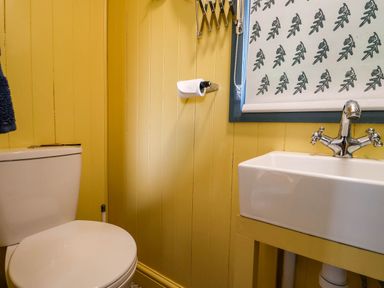 A bathroom with a toilet sink and window with patterned blind at Oak Shepherd Hut in Monkton Wyld near Charmouth