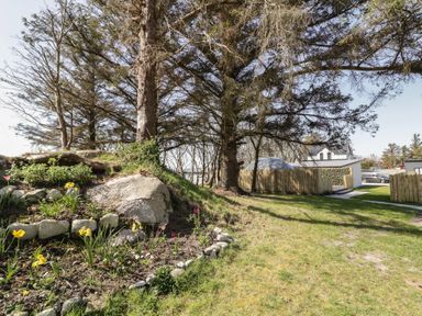 A garden area with flowers rocks and trees next to a fenced property with a geodesic dome at Number 1 Dome in Derrybeg County Donegal