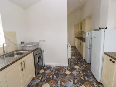 A kitchen with a sink and washing machine at Burry House in Llanmorlais